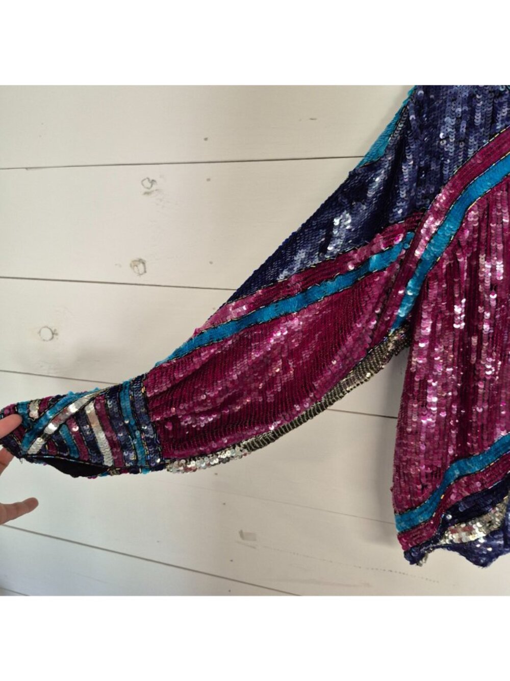 Vintage 70s Sitara Colorful Sequin Silk Blouse Top Long Sleeve - Picture 2 of 8